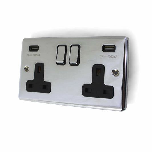 REM Chrome Twin Electrical USB Socket - Wired to 2.5mt plug -  For Premium Nailbars (05858)