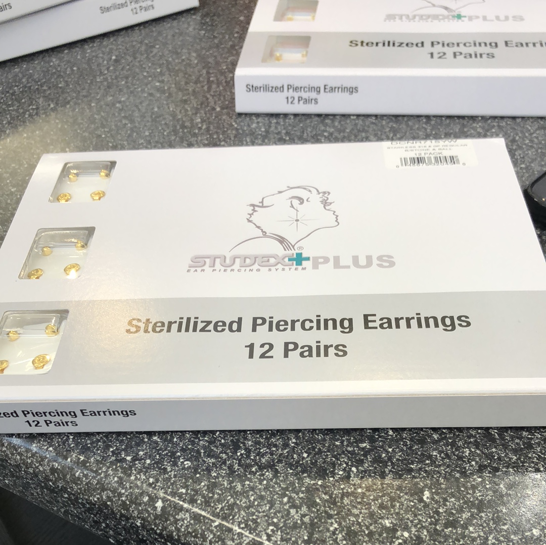 Studex x12 pairs earrings stainless steel & gp regular b/stone & ball (SHOP)