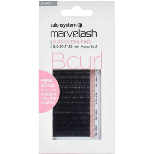 Salon System Marvelash B Curl Lashes 0.05 Ultra Fine Mink Style, Assorted Length (8, 9, 10, 11, 12mm) False Strip Lashes