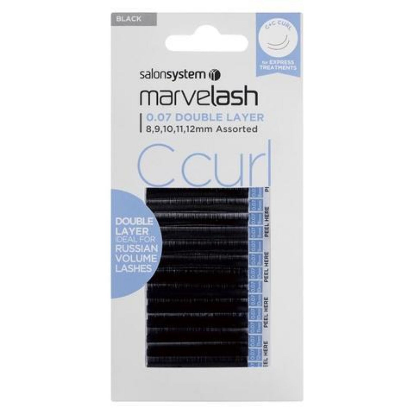 Salon System Marvelash C Curl Lashes 0.07 Double Layer, Assorted Length (8, 9, 10, 11, 12mm) False Strip Lashes